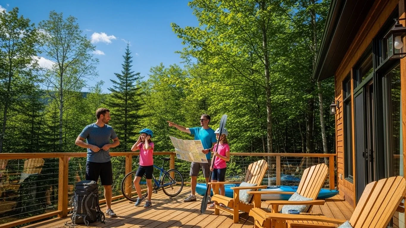 Family preparing for outdoor adventure at Mont Tremblant chalet deck in summer