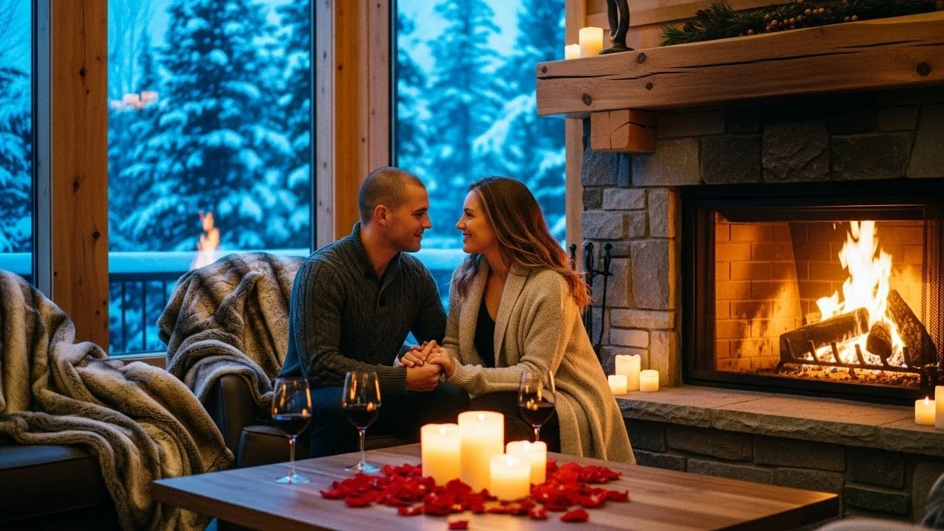 Couple enjoying romantic winter evening by fireplace in Mont Tremblant chalet
