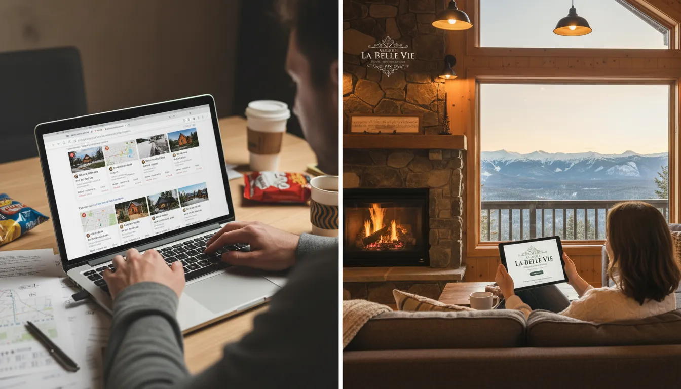 Comparison of Airbnb browsing versus direct chalet booking experience in Mont Tremblant showing clarity and comfort