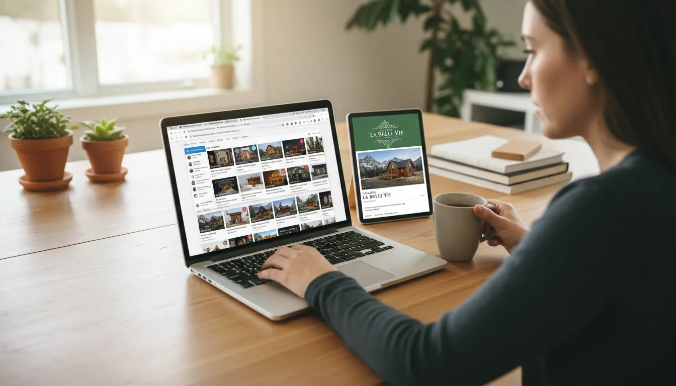 Traveler comparing multiple Airbnb listings versus a clear direct chalet booking page