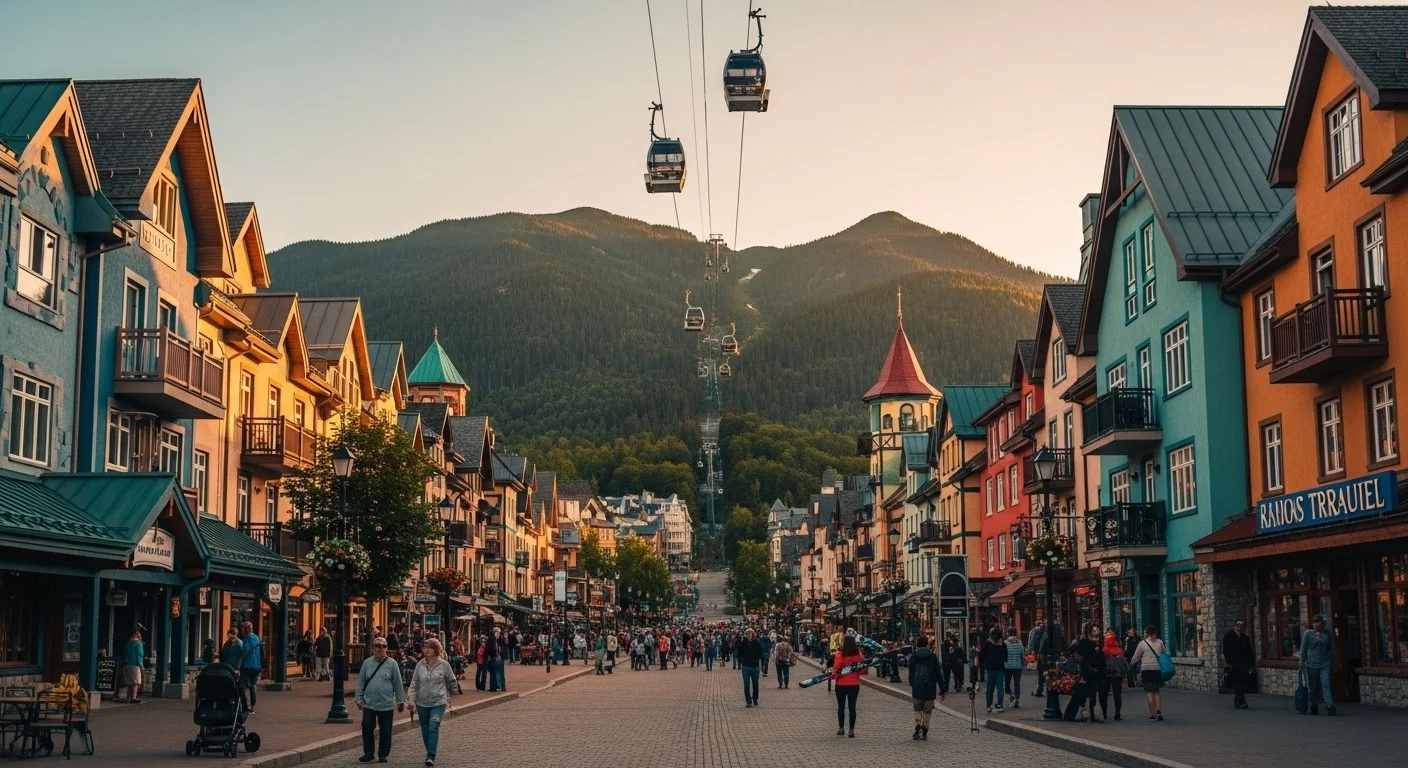 Mont-Tremblant pedestrian village with colorful alpine buildings and mountain views in the Laurentians.